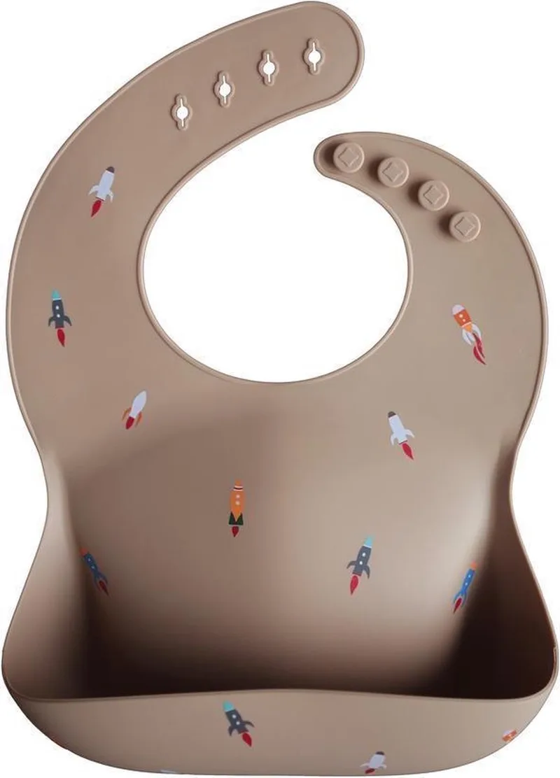 Siliconen Baby Slabbetje met Opvangbakje | Rocket | BPA ftalaatvrij| afwasbaar de Mushie en Sand – photo produit