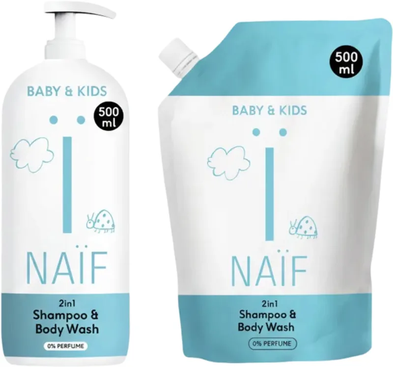2-in-1 Shampoo and Wash Gel Bottle + Refill Baby & Kids 500ml 0% perfume by Naïf – product photo
