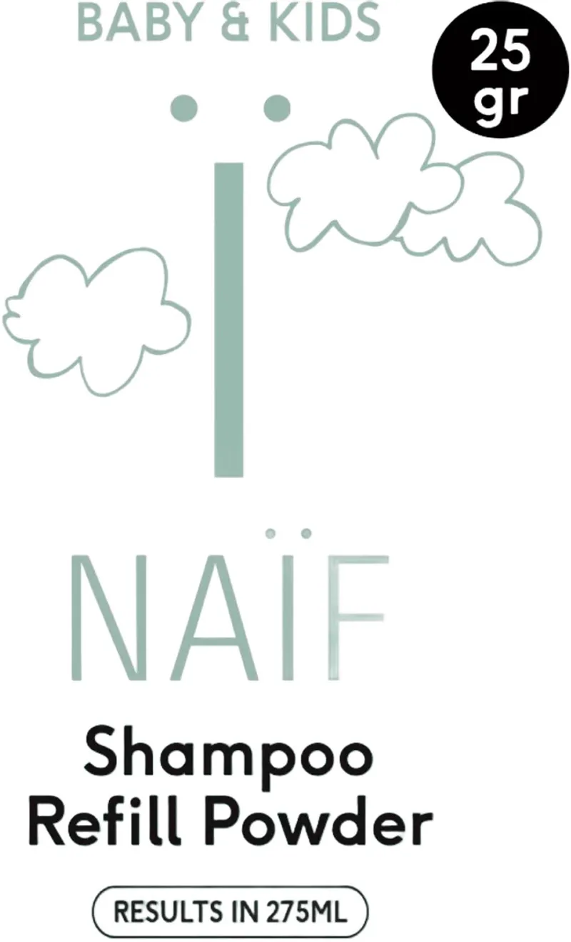 Baby & Kids Shampoo Navulpoeder 25 g - navulbaar, hypoallergeen, vegan, voor gevoelige huid, met shea butter, cacaoboter, amandelolie, aloë vera by Naïf – product photo