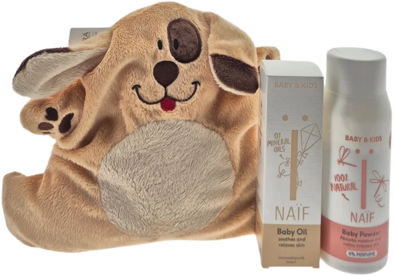 Baby Kraamcadeau met Warmteknuffel Baby Olie & Poeder – Luxe Cadeauset | Giftbox | Perfect Geschenk voor Baby's de Naïf en Beige – photo produit