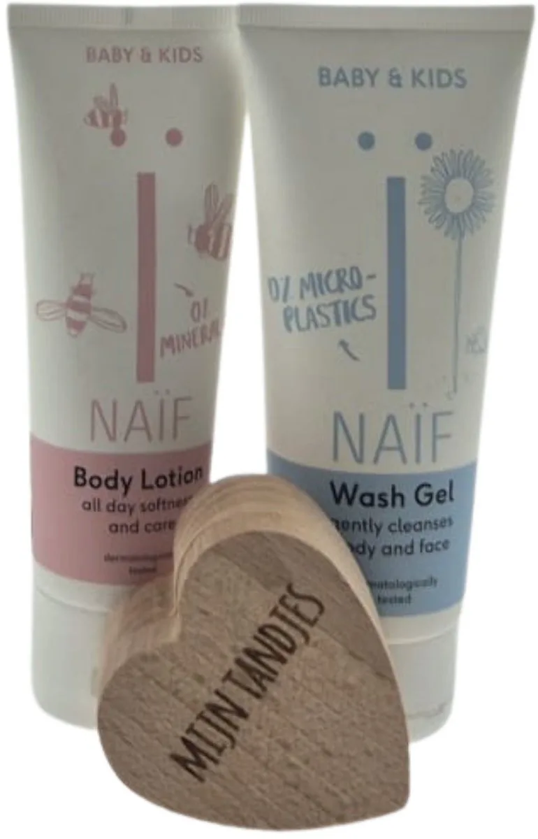 Baby Verzorging Kraamcadeau & Bewaardoosje voor tanden – Luxe Verzorgingsset | Wellness Giftbox | Verwen Cadeaupakket voor Baby's van Naïf in Hout – productfoto