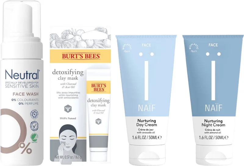 Cadeauset Face Self Care Luxe - Naif Hydrate Dagcreme 50ml Nurturing - Naif Hydrate Nachtcreme 50ml Nurturing - Neutral Face Wash Lotion 150 ml - Burt's Bees Masker Tube Detoxifying Clay van Naïf in Meerkleurig – productfoto