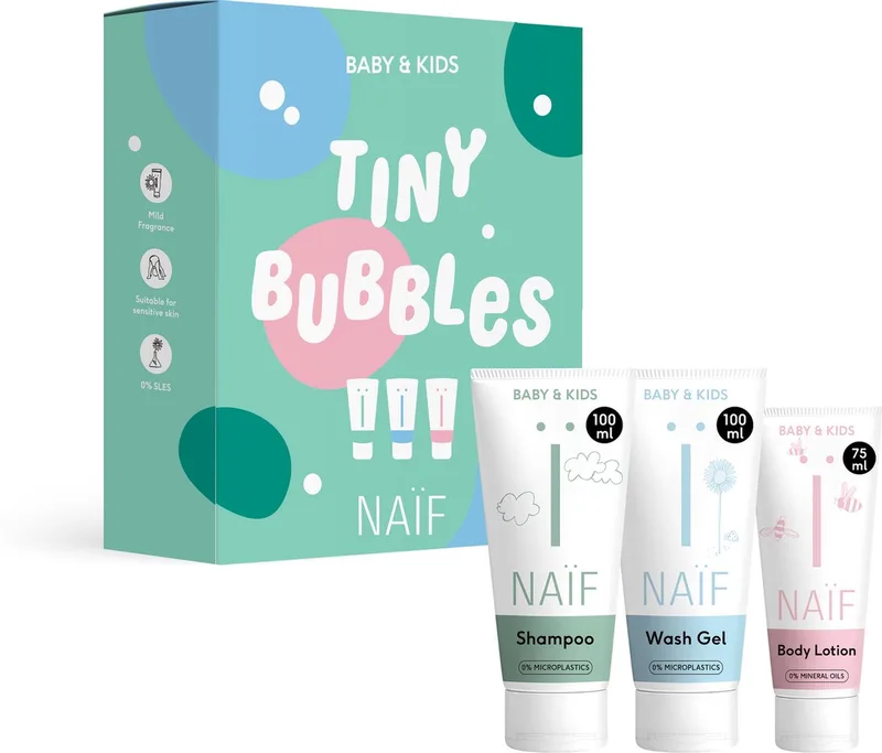Geschenkset - Baby's & Kinderen - Shampoo, Wasgel & Bodylotion van Naïf in Mix – productfoto
