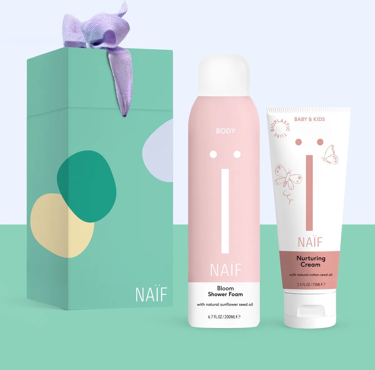 Mini & Me Time Geschenkset - 2 Producten - Doucheschuim 200ml & Vette Crème 75ml - met Natuurlijke Ingrediënten - Cadeauverpakking från Naïf i Mix – produktbild
