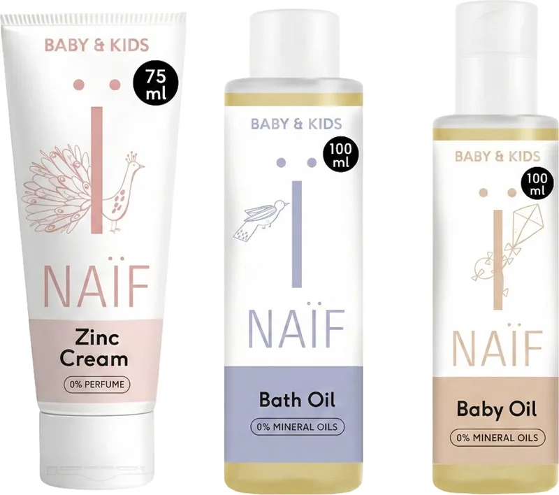 Newborn Essentials Set - Baby - Baby Badolie, Zinkcrème en Babyolie - 0% Parfum - Geen SLES - 3 stuks by Naïf – product photo