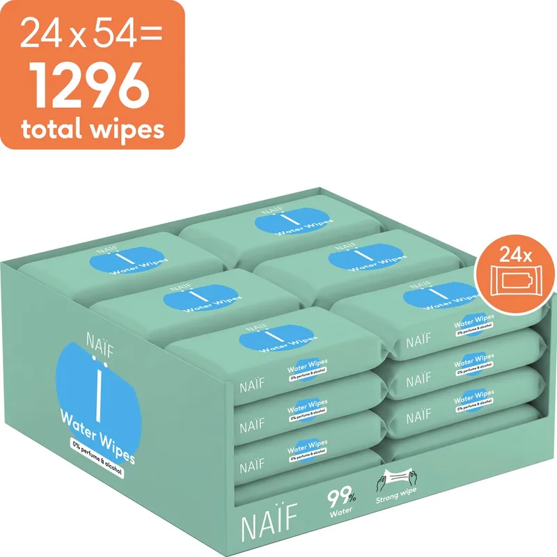 Sterke Billendoekjes - 99% Water - 0% parfum en 0% alcohol - 1296 doekjes (24 stuks x 54 doekjes) van Naïf – productfoto
