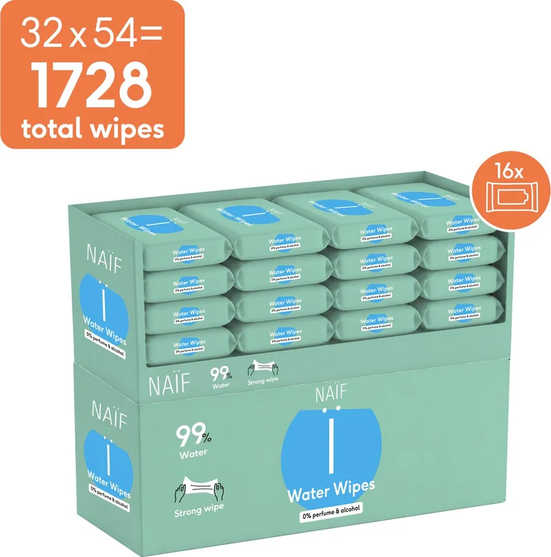 Sterke Billendoekjes - 99% Water - 0% parfum en 0% alcohol - 1728 doekjes (32 stuks x 54 doekjes) by Naïf – product photo