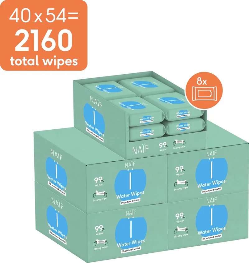 Sterke Billendoekjes - 99% Water - 0% parfum en 0% alcohol - 2.160 doekjes (40 stuks x 54 doekjes) by Naïf – product photo