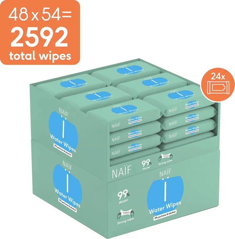 Sterke Billendoekjes - 99% Water - 0% parfum en 0% alcohol - 2592 doekjes (48 stuks x 54 doekjes) fra Naïf – produktbillede