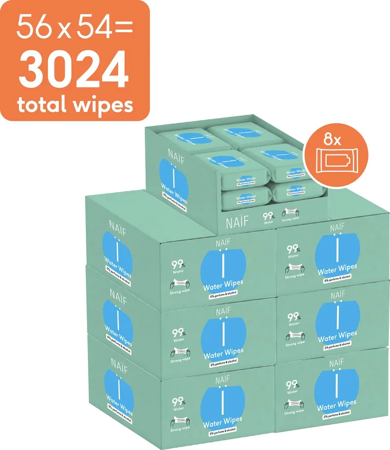 Sterke Billendoekjes - 99% Water - 0% parfum en 0% alcohol - 3024 doekjes (56 stuks x 54 doekjes) by Naïf – product photo