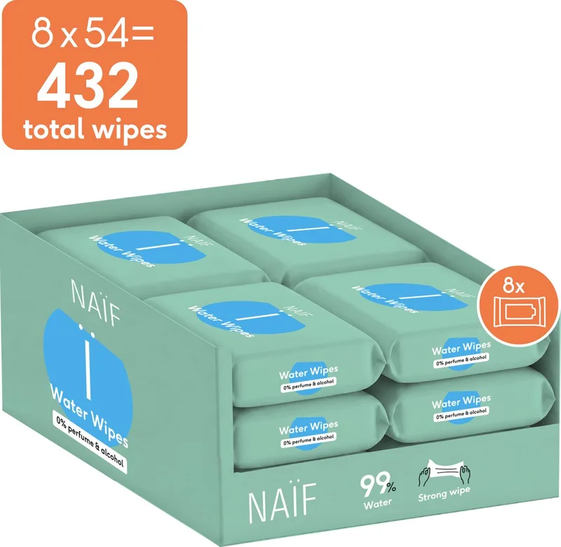 Sterke Billendoekjes - 99% Water - 0% parfum en 0% alcohol - 432 doekjes (8 stuks x 54 doekjes) de Naïf – photo produit