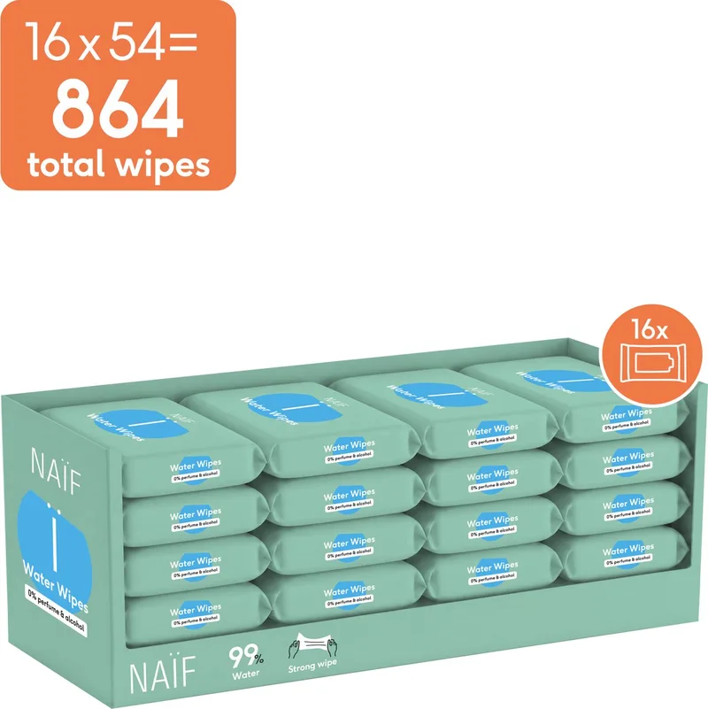 Sterke Billendoekjes - 99% Water - 0% parfum en 0% alcohol - 864 doekjes (16 stuks x 54 doekjes) by Naïf – product photo