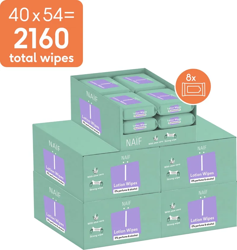 Sterke Lotion Billendoekjes - 0% parfum 0% alcohol – met Aloë Vera - 2.160 doekjes (40 stuks x 54 doekjes) by Naïf – product photo