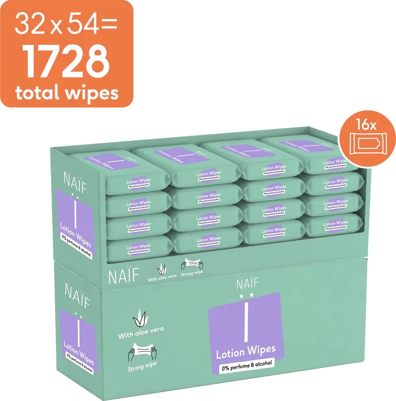 Sterke Lotion Billendoekjes - 0% parfum 0% alcohol – met Aloë Vera - 1728 doekjes (32 stuks x 54 doekjes) de Naïf – photo produit
