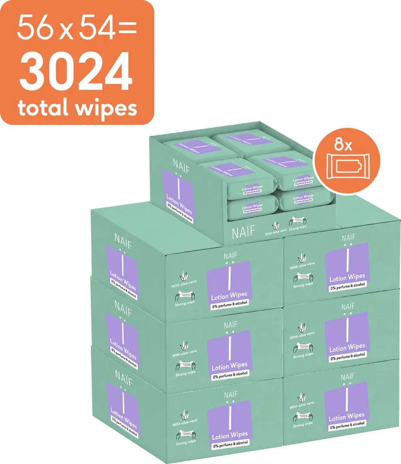 Sterke Lotion Billendoekjes - 0% parfum 0% alcohol – met Aloë Vera - 3024 doekjes (56 stuks x 54 doekjes) by Naïf – product photo