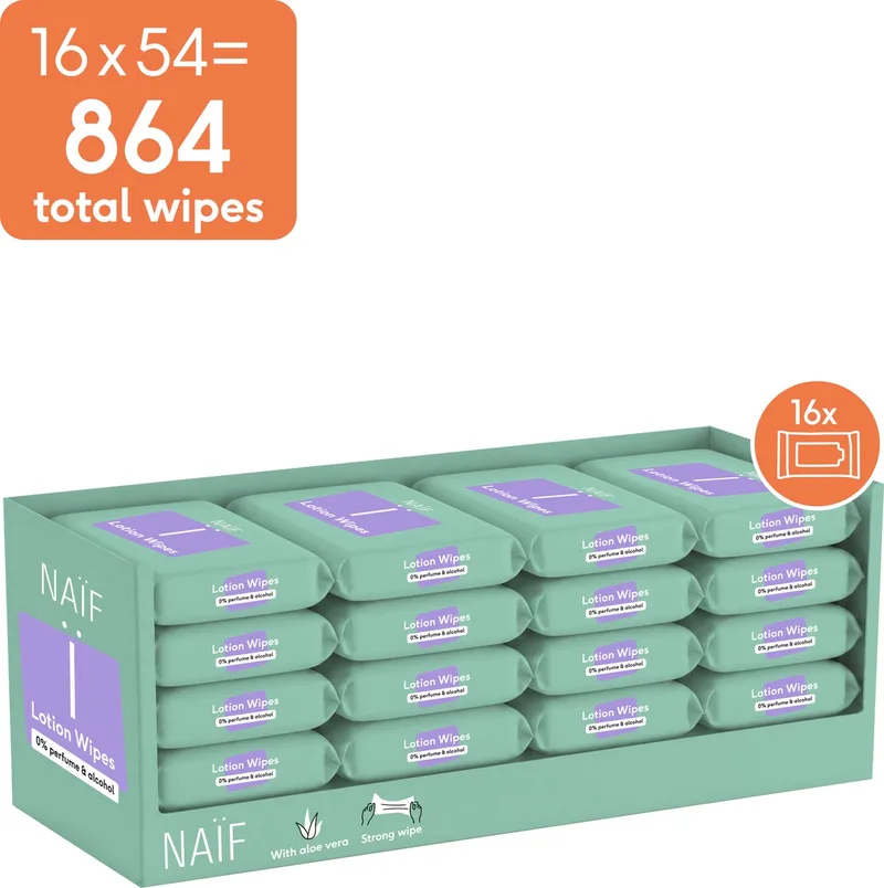 Sterke Lotion Billendoekjes - 0% parfum 0% alcohol – met Aloë Vera - 864 doekjes (16 stuks x 54 doekjes) de Naïf – photo produit
