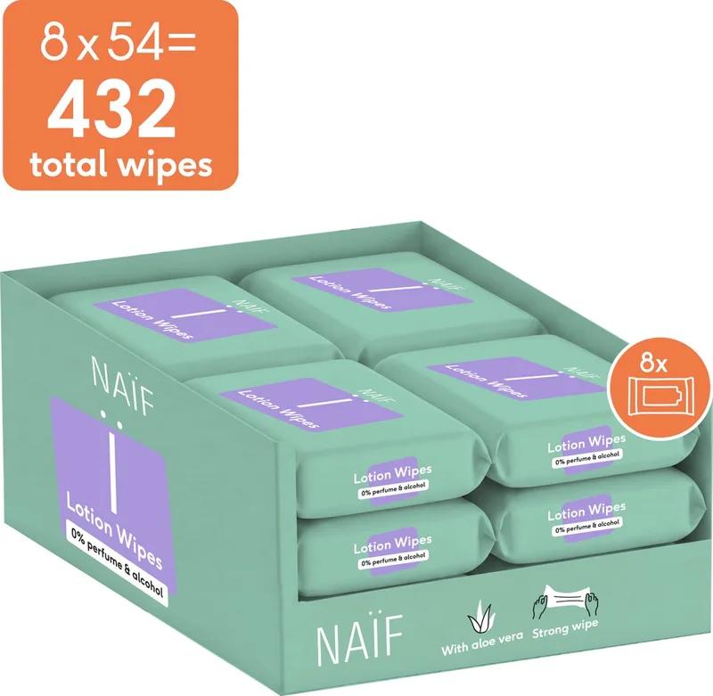 Sterke Lotion Billendoekjes - 99% Water - 0% parfum en 0% alcohol - 432 doekjes (8 stuks x 54 doekjes) de Naïf – photo produit