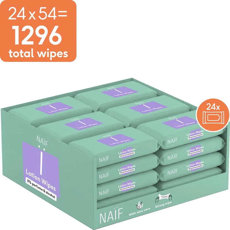 Sterke Lotion Wipes - 0% parfum 0% alcohol – met Aloë Vera - 1296 doekjes (24 stuks x 54 doekjes) de Naïf – photo produit