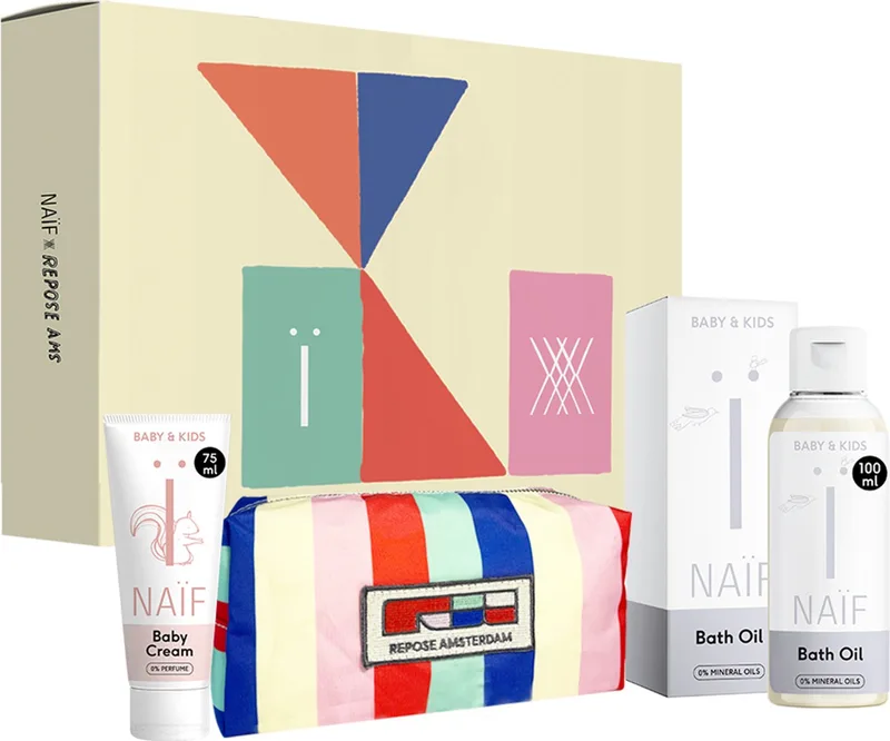 x Repose AMS - Tiny Human Essentials Kit - Babyverzorgingsset met Badolie (100ml) & Babycrème (75ml) by Naïf in Pink, Blauw en geel – product photo