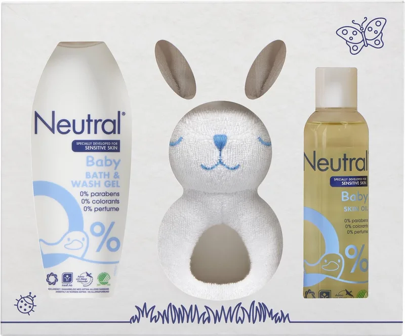 Cadeaupakket 3-delig - Huidolie. Bad- en Wasgel en Jollein Rammelaar Cadeaupakket från Neutral i Flerfärgad – produktbild
