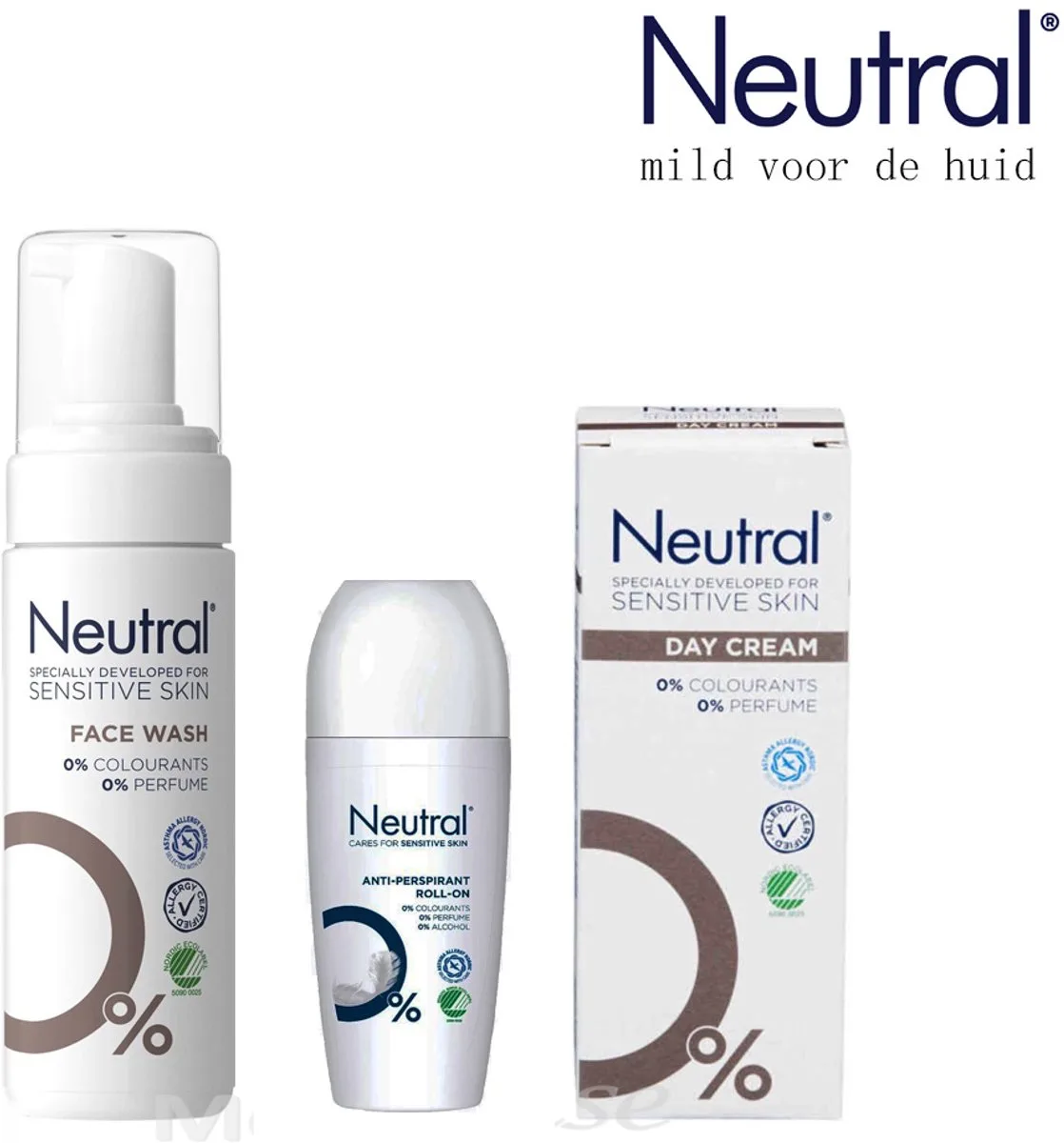 Verzorgend Geschenktasje – voor de Gevoelige Huid | Zonder Parfum & Kleurstoffen | dagcrème 50ml | Face Wash 150ml | Antiperspirant 50ml by Neutral – product photo