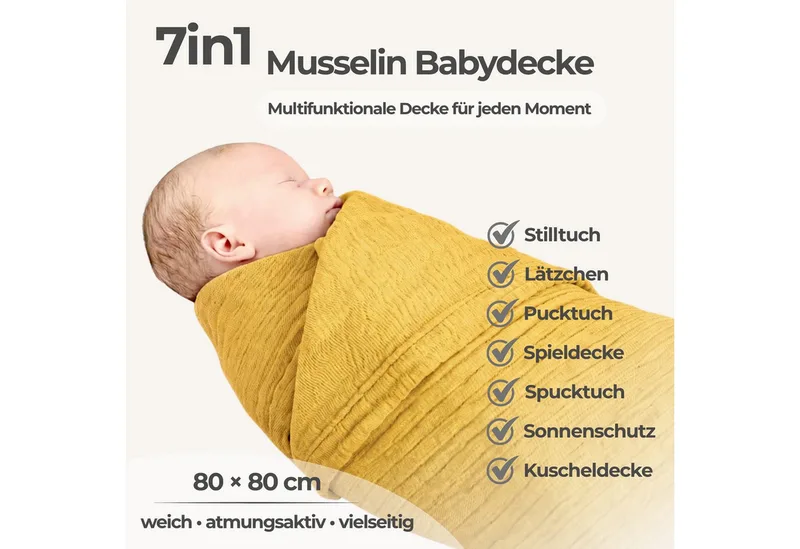 Babydecke Babydecke Musselin Kuscheldecke Puckdecke Baby & Neugeborene, Nordic Coast Company, Sommerdecke, Puck-u. Stilltuch, Einschlagdecke, Baumwolle atmungsaktiv van Nordic Coast Company in Geel – productfoto 2 van 5