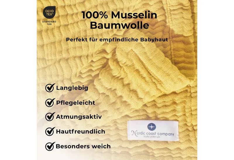 Babydecke Babydecke Musselin Kuscheldecke Puckdecke Baby & Neugeborene, Nordic Coast Company, Sommerdecke, Puck-u. Stilltuch, Einschlagdecke, Baumwolle atmungsaktiv van Nordic Coast Company in Geel – productfoto 5 van 5