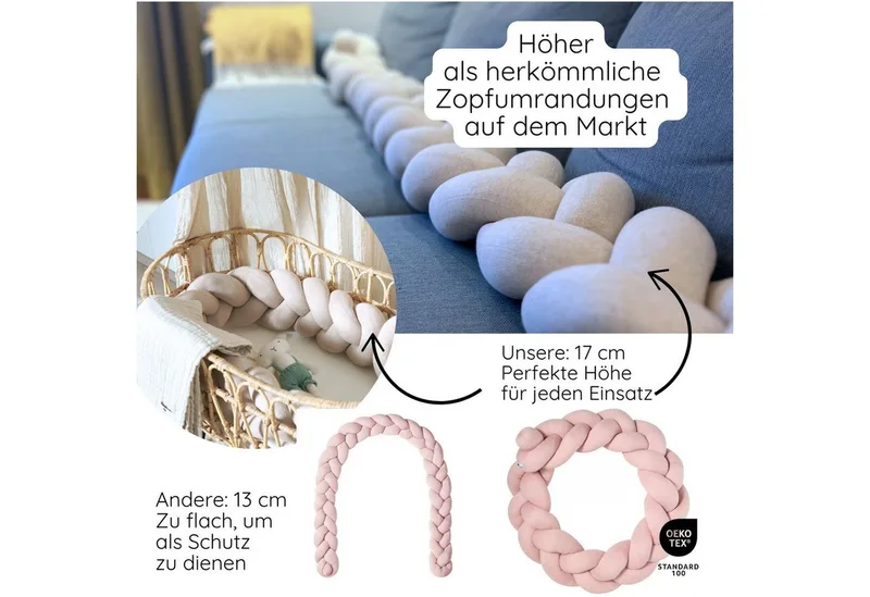Nestchenschlange XXL Bettschlange geflochten, Bettschlange, Bettumrandung Babybett, Alternative zum Bettnestchen laborgeprüft 180cm, 200cm oder 300cm van Nordic Coast Company in Beige – productfoto 4 van 5