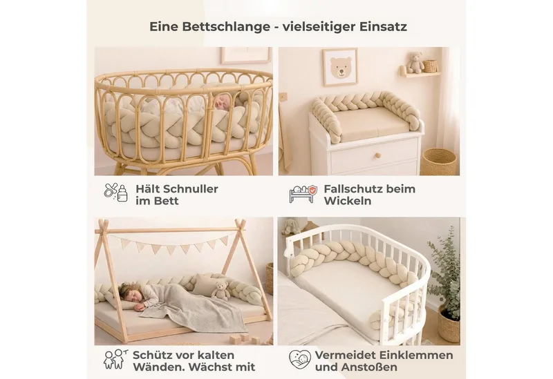 Nestchenschlange XXL Bettschlange geflochten, Bettschlange, Bettumrandung Babybett, Alternative zum Bettnestchen laborgeprüft 180cm, 200cm oder 300cm van Nordic Coast Company in Beige – productfoto 3 van 5