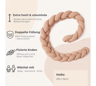 Nestchenschlange XXL Bettschlange geflochten, Bettschlange, Bettumrandung Babybett, Alternative zum Bettnestchen laborgeprüft 180cm, 200cm oder 300cm van Nordic Coast Company in Beige – productfoto 5 van 5