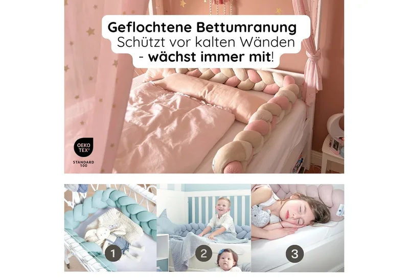 Nestchenschlange XXL Bettschlange geflochten, Bettschlange, Bettumrandung Babybett, Alternative zum Bettnestchen laborgeprüft 180cm, 200cm oder 300cm van Nordic Coast Company in Beige – productfoto 5 van 5