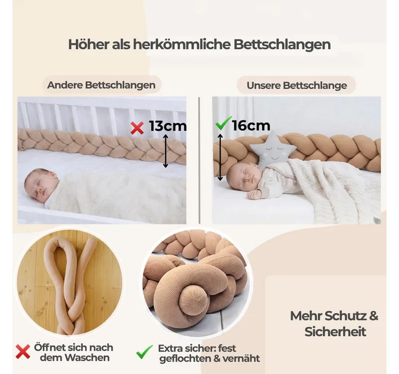 Nestchenschlange XXL Bettschlange geflochten, Bettschlange, Bettumrandung Babybett, Alternative zum Bettnestchen laborgeprüft 180cm, 200cm oder 300cm van Nordic Coast Company in Beige – productfoto 4 van 5