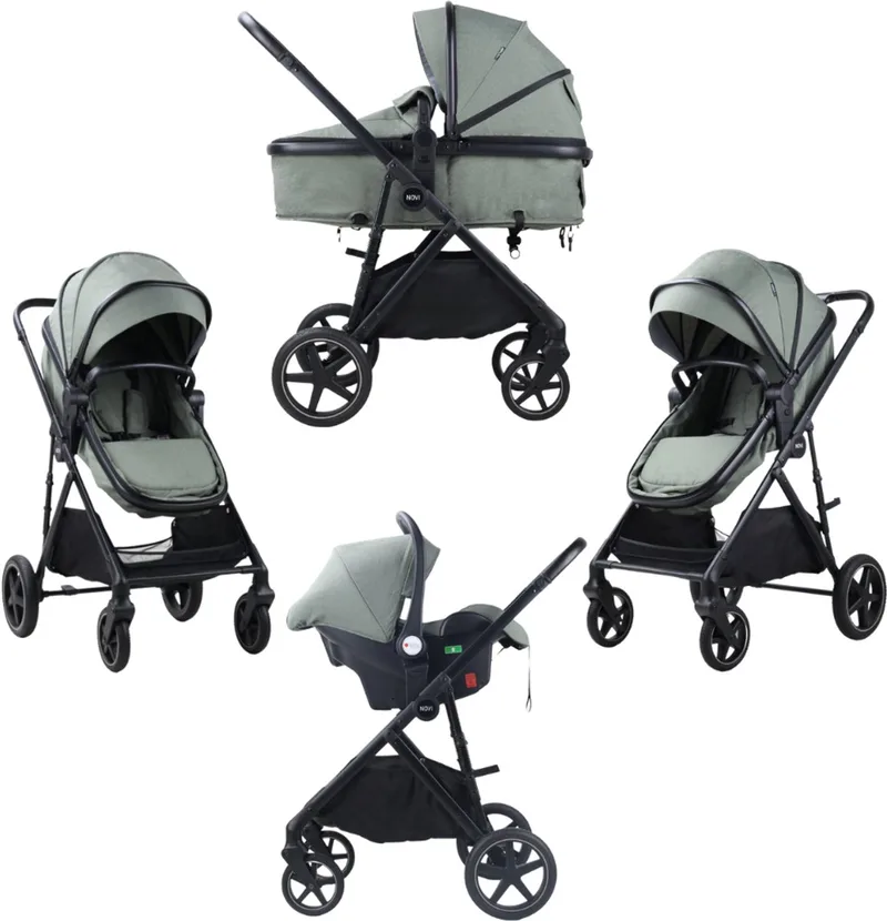 Novi Jaxx V2 3-in-1 Kinderwagen – Met Autostoel Groep 0+ – Reiswieg & Buggy Functie – Compleet Reissysteem by Novi Baby in Green Melange – product photo