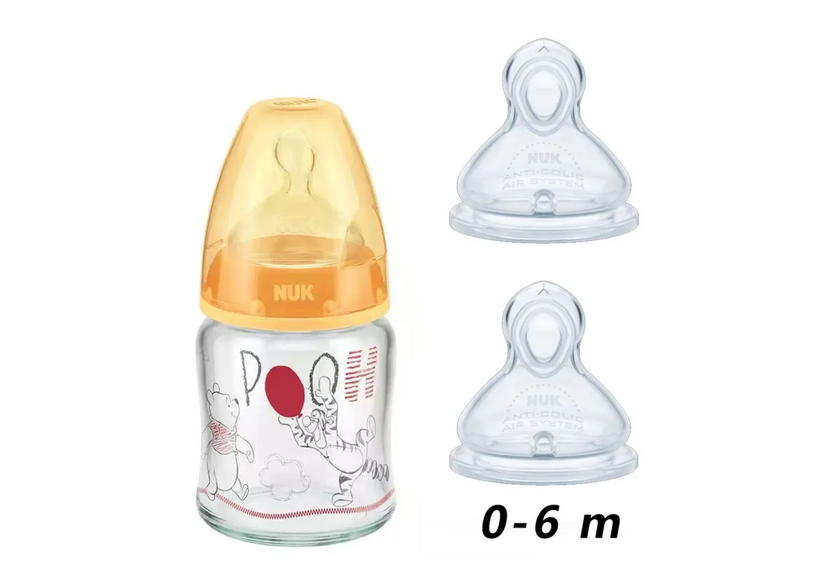 Babyflasche NUK Baby-Glasflasche 120 ml 1M + Extra 2er Silikonsauger 0-6 1M by NUK in Yellow – product photo
