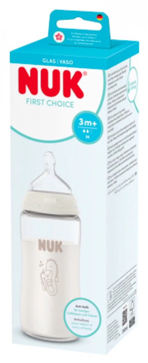 babyfles glas 240ml anti-koliek 3M+ zeepaardje temperatuurcontrole. by NUK in Meerkleurig – product photo