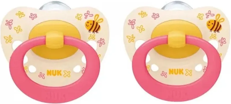 Classic | Bee | siliconen fopspenen | 2st. set | 18-36 maanden van NUK in Roze, Geel – productfoto