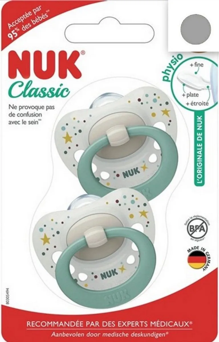 Classic | siliconen fopspenen | 2st. set | 0-6 maanden by NUK in White, Green – product photo