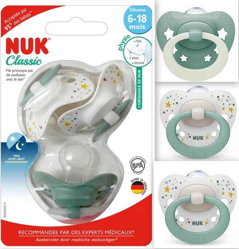 Classic | siliconen fopspenen | 3 st. set | 6+ m fra NUK i Hvid, Grøn – produktbillede