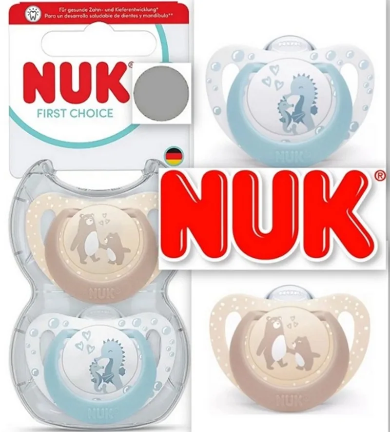 First Choice Fopspeen – Siliconen – Beer / Zeepaardje - 2 stuks- 0-6 maanden by NUK in Blue, Beige – product photo