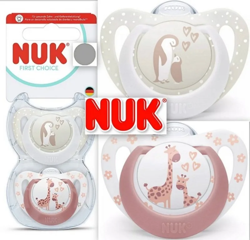 First Choice Fopspeen – Siliconen – Giraf / Pinguïn - 2 stuks- 0-6 maanden von NUK in Rosa – Produktfoto