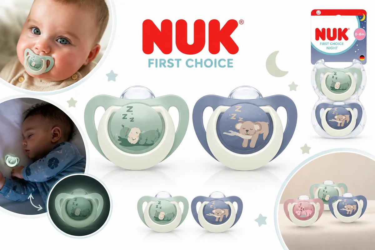 First Choice Night Fopspenen 0-6 Maanden – 2 Stuks – Glow in the Dark – Orthodontische Siliconen Speentjes – Groen en Blauw by NUK – product photo