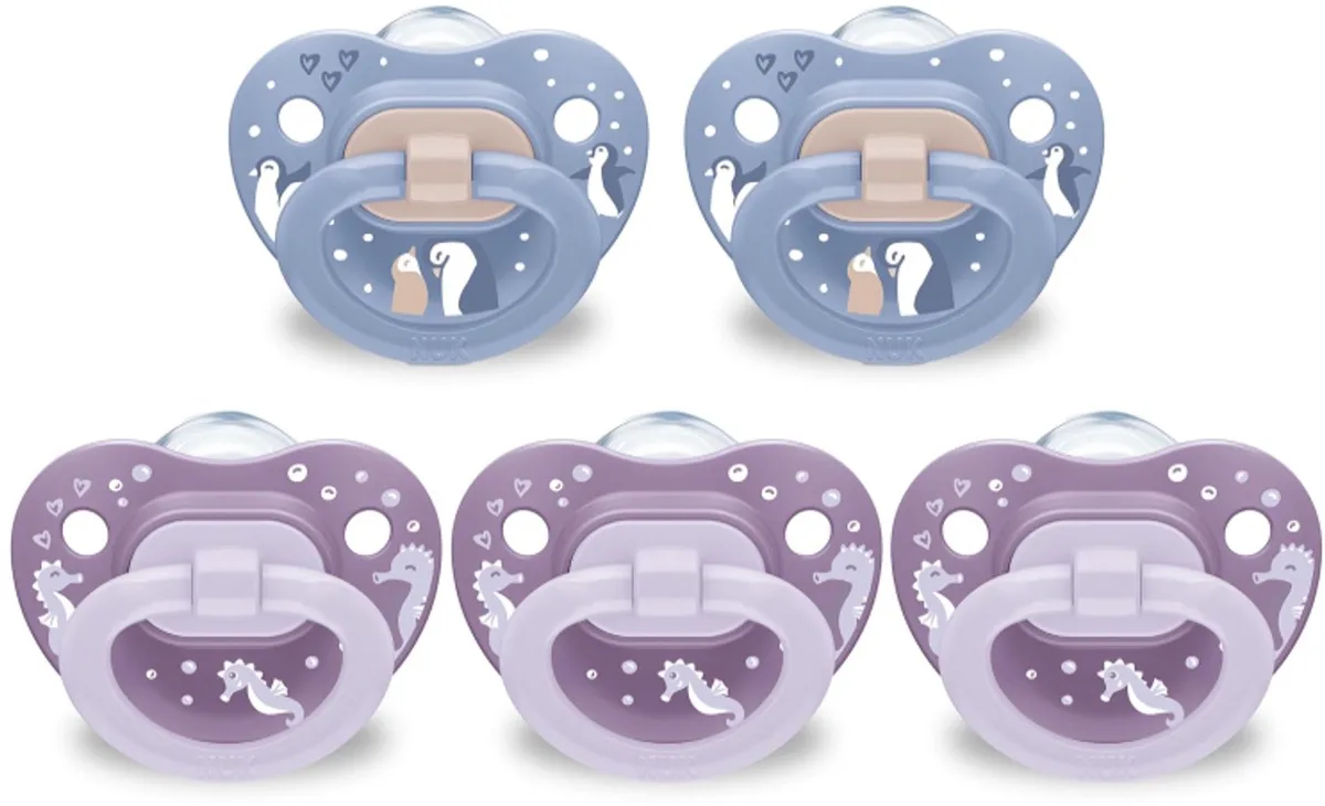 First Choice Orthodontische Fopspeen – 6 tot 18 Maanden – 5 Stuks – Paars en Blauw by NUK – product photo