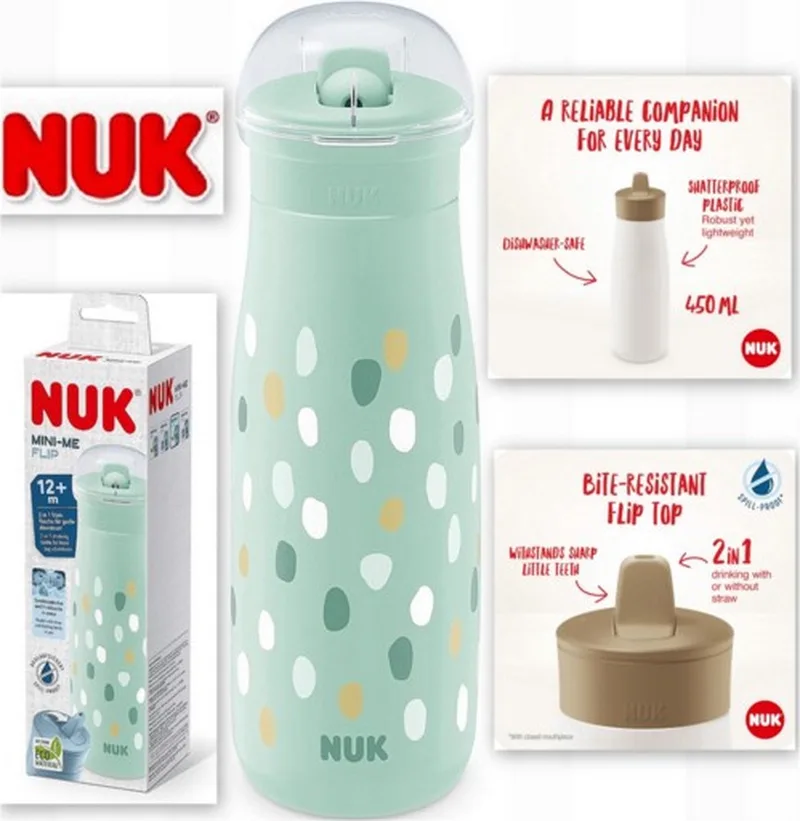 Mini-Me Flip Cup drinkfles - met bijtvaste drinktop 450 ml - stippen - 12+ m de NUK en Mint – photo produit
