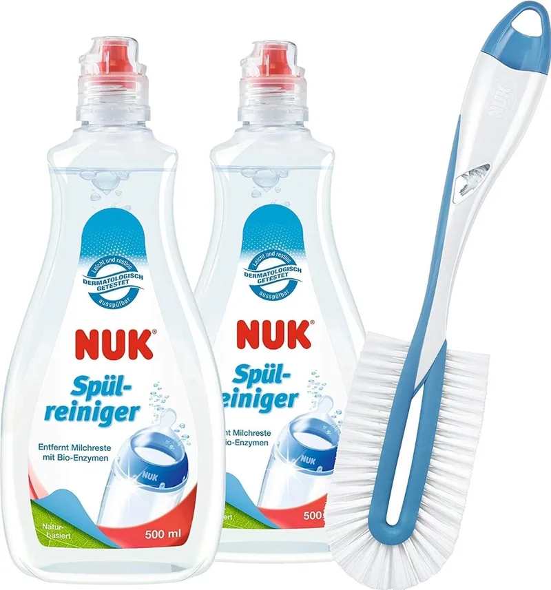NUK - 2 x Afwasmiddel & 1 x flessenborstel voor babyflessen - 2 x Parfumvrije Afwasmiddel (500ml) - 1 x twist-borstel - Voor babyflessen von NUK – Produktfoto