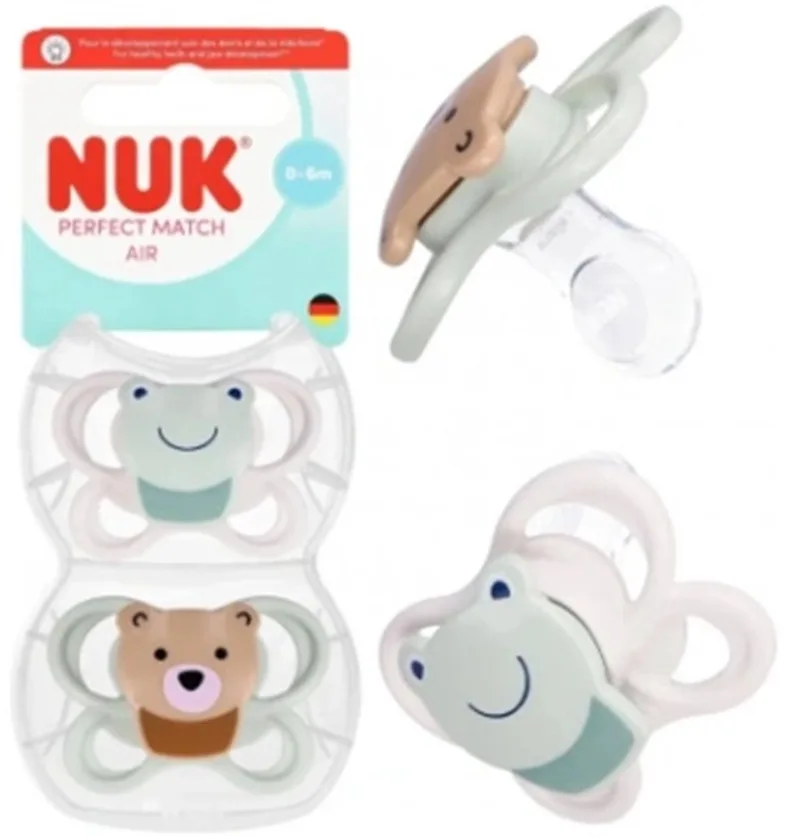 Perfect Match Air Fopspeen 0–6 Maanden – Siliconen – AIR Ventilatiesysteem – 2 Stuks- kikker/teddybeer von NUK in Weiß – Produktfoto