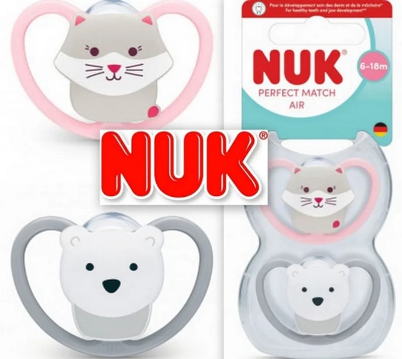Perfect Match Air fopspenen 6–18 m (Kat / Poolbeer) de NUK en Rose, Gris – photo produit