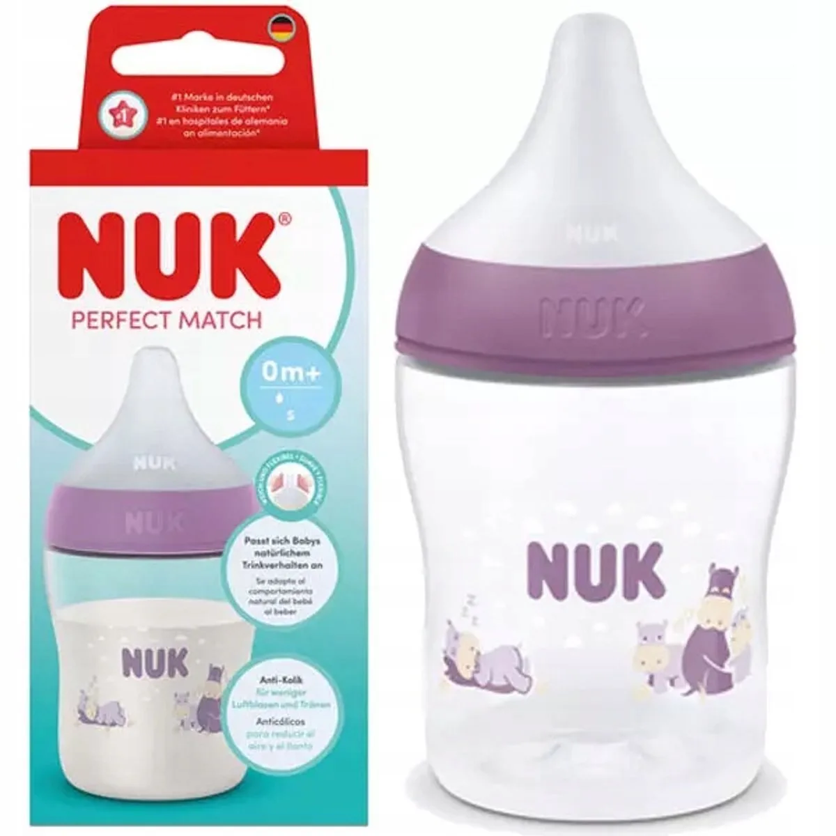 Perfect Match Babyfles met Temperatuurindicator 150 ml – Siliconen Speen S 150 ml van NUK in Paars – productfoto