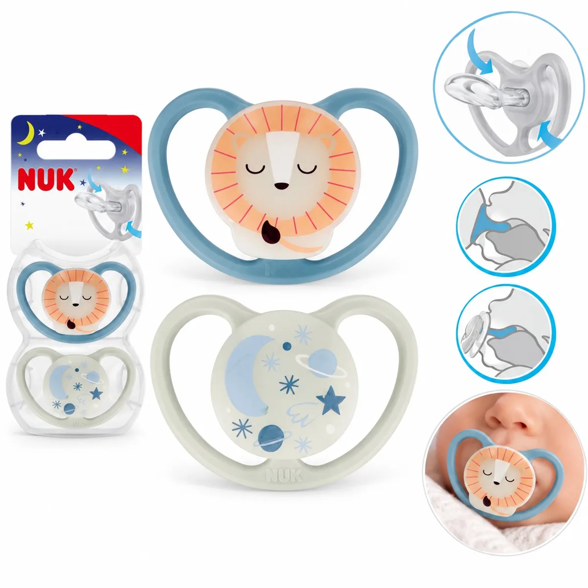 Space Night siliconen fopspenen 2st. set glimt in het donker 0-6 maanden by NUK – product photo