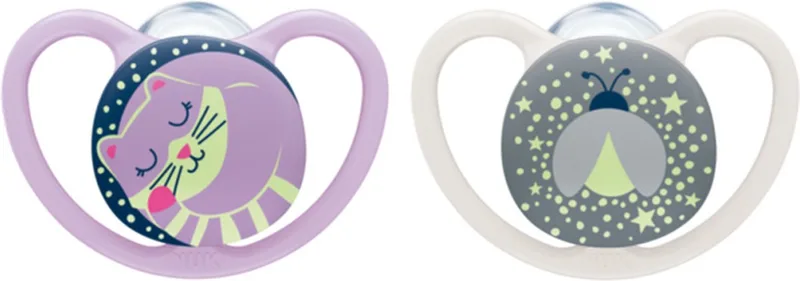 Space Night- siliconen fopspenen, 2st. set- gloeit in het donker- 0-6 maanden by NUK in Pink, Grey – product photo