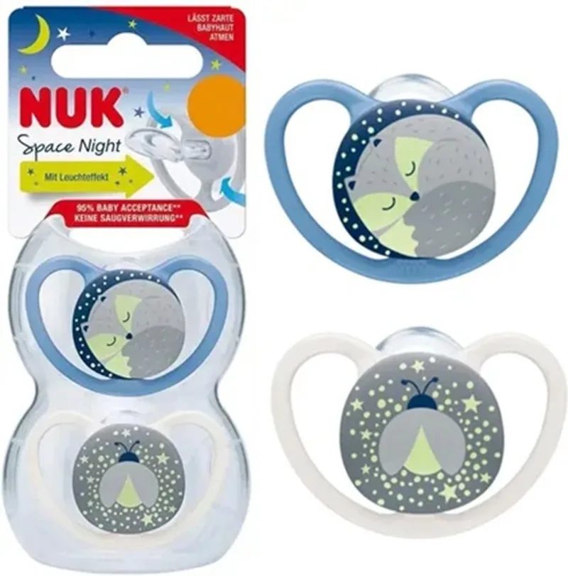 Space Night- siliconen fopspenen, 2st. set- gloeit in het donker- 0-6 maanden van NUK in Blauw – productfoto